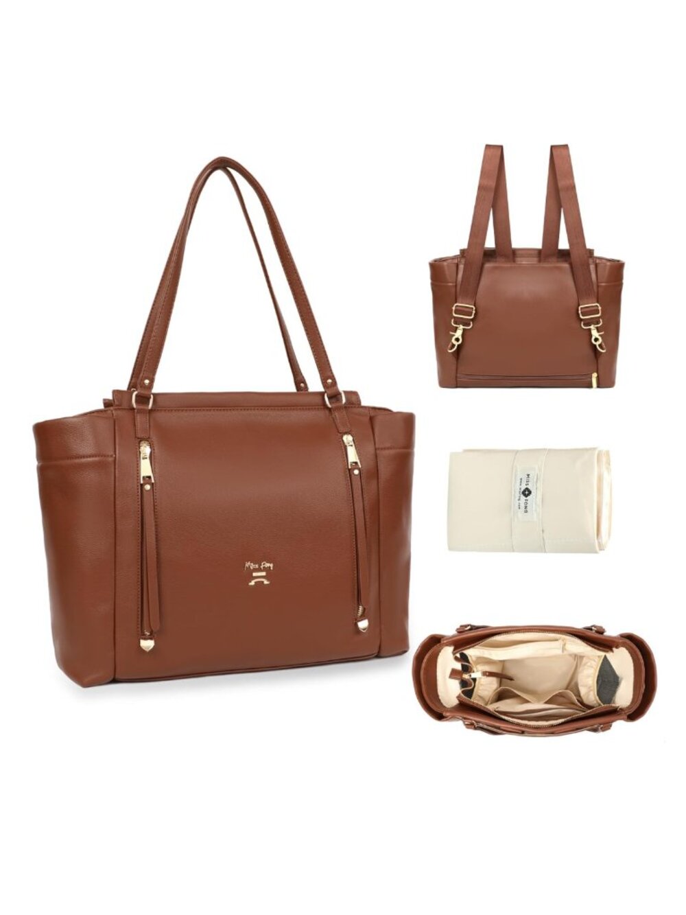 Convertible Leather Tote Diaper Bag with Changing Pad & Stroller Straps